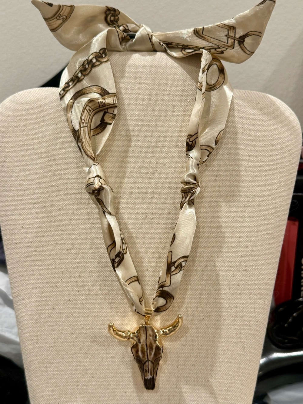 Scarf Necklace with Bull Skull Pendant